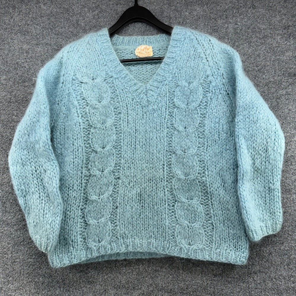 Carol Brent Vintage Mohair Wool Cable Knit‎ Sweater V-Neck Blue Made in Italy